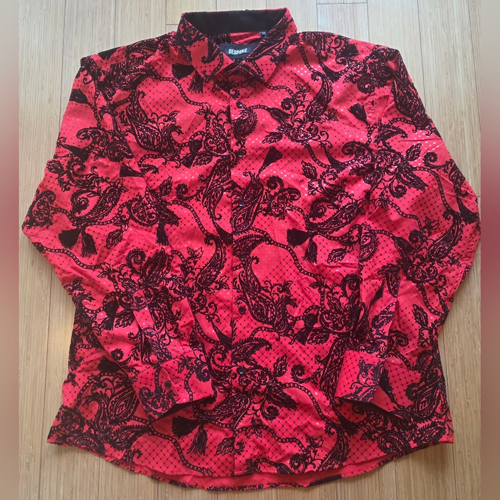 Bespoke Moda Red and Black Paisley Long Sleeve Dress Shirt 3XL. New Without Tags